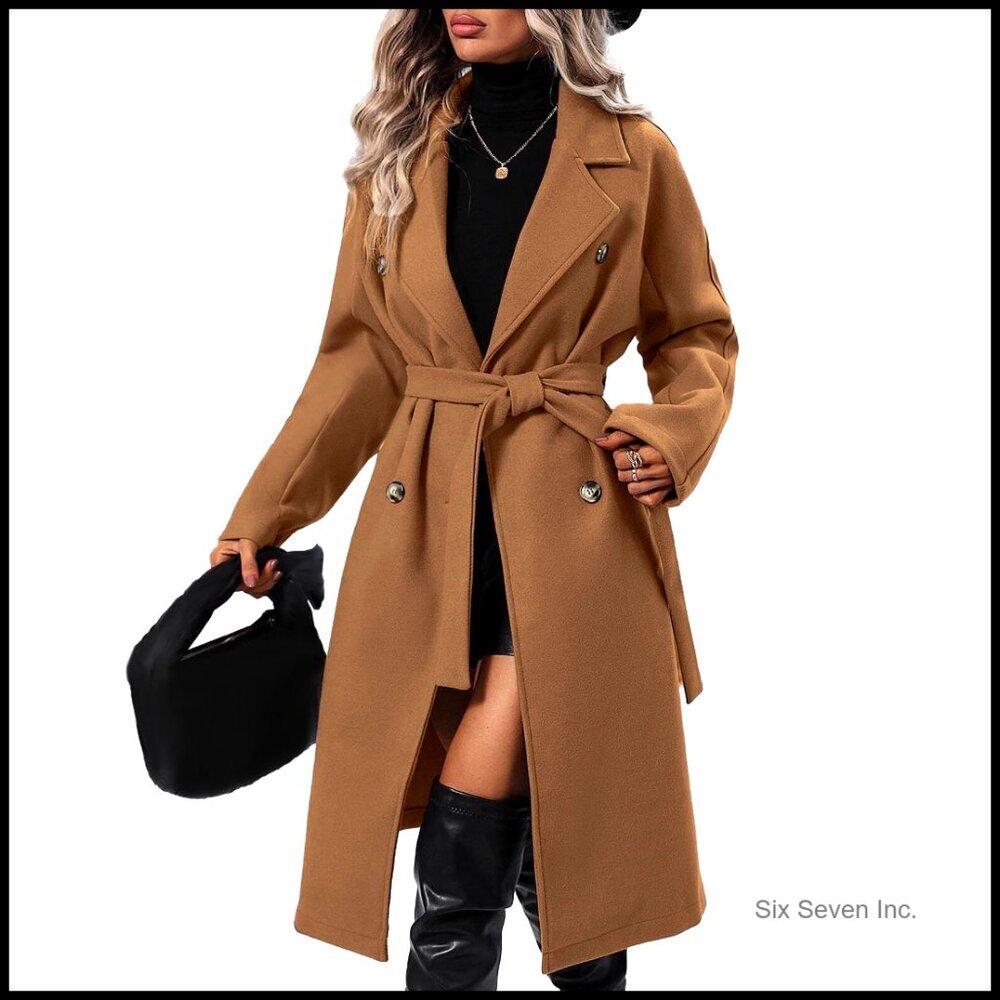 Women's Double Breasted Wool Pea Coat with Belt, Notch Lapel, Long Sleeve - Picture 1 of 5